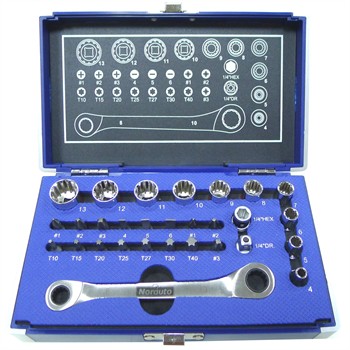 Coffret Clé À Cliquet Carré 1/2'' + Douilles 12 Pans 4-13 Mm Et Embouts Norauto 29 Pièces