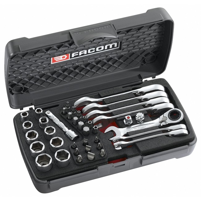 Coffret clé à cliquet ultra compact carré 1/4'' + douilles 6 pans 5-14 mm et embouts