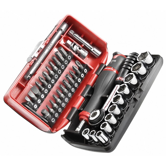 Coffret clé à cliquet carré 1/4'' + douilles 6 pans 5,5-14 mm et embouts FACOM R2NAN