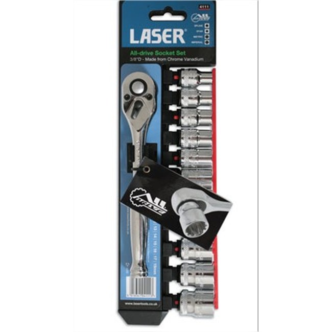 Clé à cliquet carré 3/8'' + 11 douilles ''Alldrive'' 6-19 mm LASER 4111