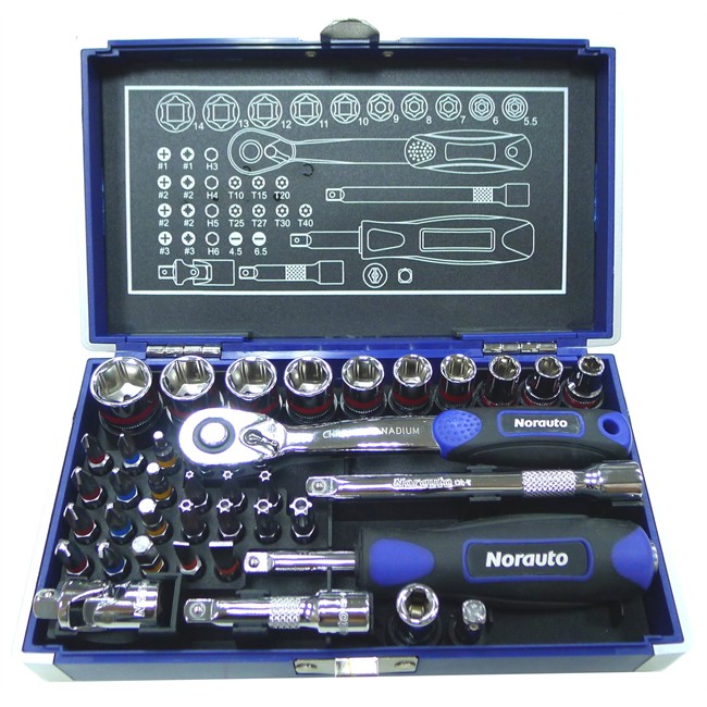 Coffret clé à cliquet carré 1/4'' + douilles 6 pans 5,5-14 mm et embouts NORAUTO 38