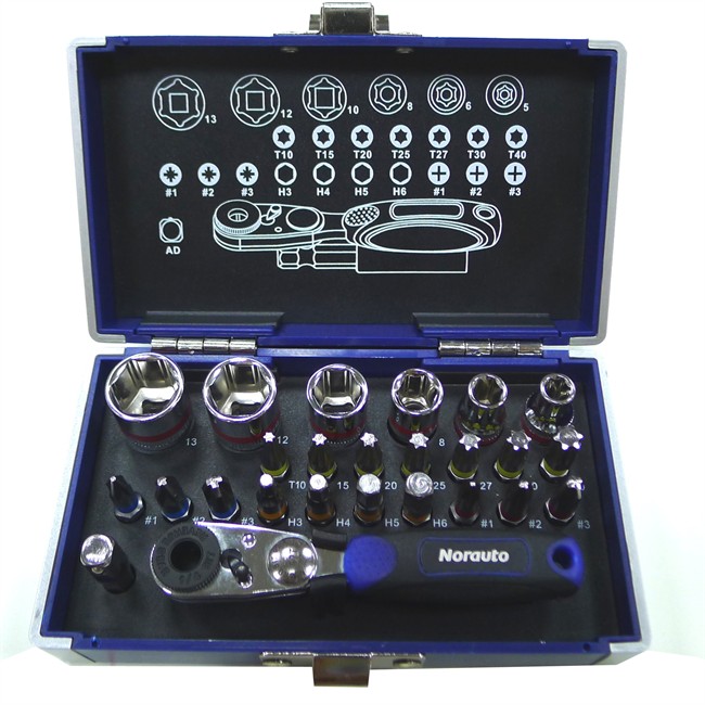 Coffret clé à cliquet carré 1/4'' + douilles 6 pans 5-13 mm et embouts NORAUTO 26 pi