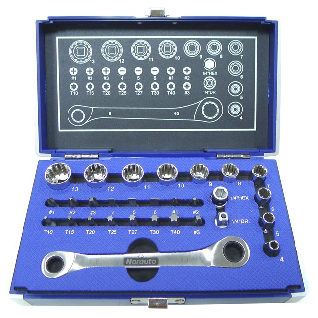 Coffret clé à cliquet carré 1/2'' + douilles 12 pans 4-13 mm et embouts NORAUTO 29 p