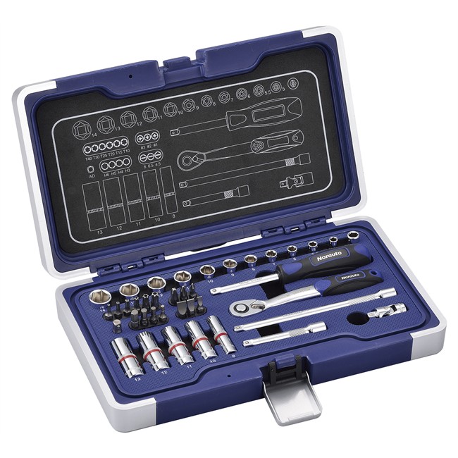 Coffret clé à cliquet carré 1/4'' + douilles 6 pans 5-14 mm et embouts NORAUTO 39 pi