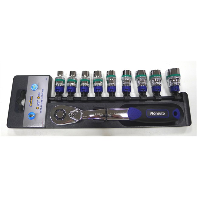 Coffret clé à cliquet carré 3/8'' + douilles 6 pans 8-17 mm NORAUTO 10 pièces